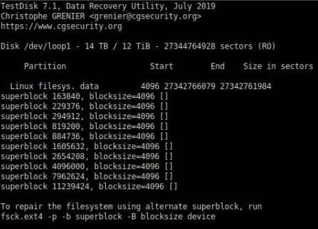 Locating superblocks using Testdisk